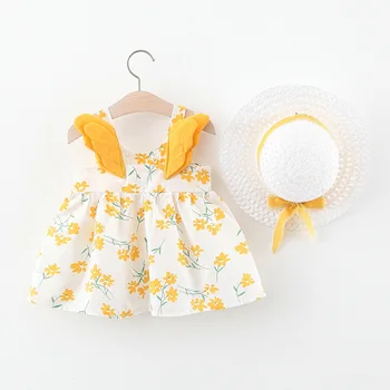 1-3 Metai Kūdikių Mergaičių Rankovių Princesė Dress Vaikų Šalis Inscenizacija Suknelė Gėlių Spausdinti Vaikai Vasaros Suknelės Geltona/ Rožinė