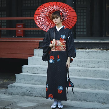 Japonijos Moterys Originalus Yukata Apsirengti Tradiciniu Kimono Veiklos Šokio Kostiumai, Juodos Spalvos, Dviejų Dydžių