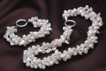 Kilnus, Elegantiškas 100% realių Gėlavandenių perlų Papuošalų Rinkinys Baroko White pearl AAA pabrėžti, 3 Sluoksniu, karoliai, Apyrankės
