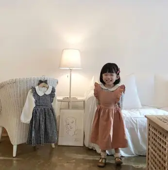 NAUJAS Japonija Korėja Dizaino Vaikai Suknelė Mergaitėms Medvilnės Skalbiniai Pledas/Rausva Plaukioja Ruffes Rankovėmis Šviežių Bebes Kelio Laukinių Princesė Suknelė