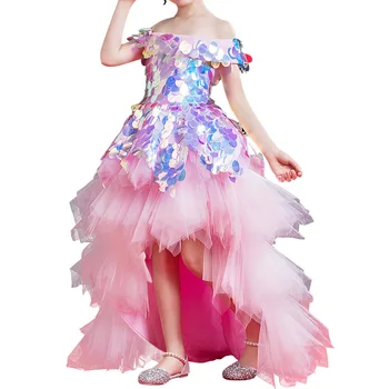 Naujas Mažai Mergaičių Princesė Tiulio Aukštas Žemas Birthday Party Dress nuo Peties Duobute Gėlių Mergaitės Suknelė