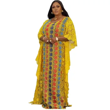 Nėriniai Plius Dydis Suknelės Moterims Pavasario Afrikos Moterų trumpomis Rankovėmis Geltona O kaklas Ilgas Mantijas Afrikos Suknelės Afrikos Drabužiai