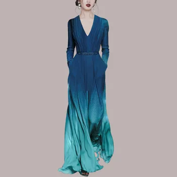 Vasaros 2021 Long Sleeve V-kaklo Korsetas Šifono Suknelė Ponios Priešingai nei Mėlyna Spalva Moters Apranga Vien Elegantiškas Ilgas Suknelės Moterims